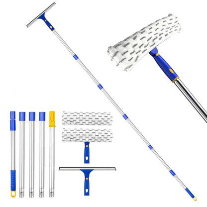 81" Window Squeegee Cleaner, Window Cleaning Tool Kit,12" Squeegee and 11" Microfiber Scrubber Combi with Stainless Steel Pole for Car,Sliding Door,Shower Glass Door-Swivel Style-2 Pads