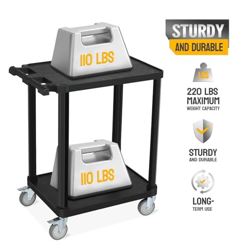 Leadzm 2-Tier Plastic Flat Utility Cart, Commercial Rolling Service Cart on Wheels with Braker, Multi-Function Handle and Large CapacityStorage,Perfect for Warehouse Garage Office,Black