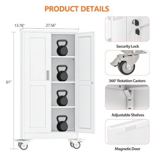 pozdeg 61" White Lockable Rolling Metal Garage Storage Cabinet - color: White, size: 13.78"D x 27.56"W x 61"H
