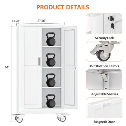pozdeg 61" White Lockable Rolling Metal Garage Storage Cabinet - color: White, size: 13.78"D x 27.56"W x 61"H