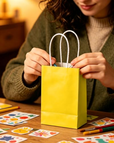 qiqee 24PCS Mini Gift Bag with Handles Bulk 4.5"x2.5"x6" Gift Bags Bright Yellow Bags Multiple Uses - color: Bright Yellow