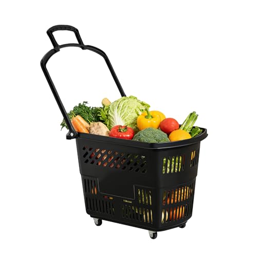 6PCS 35L Shopping Carts with Wheels and Handle, Heavy Duty Plastic Rolling Shopping Basket with Foldable Handle 4 Wheels, Portable Shopping Basket Set for Supermarkets Retail Stores (Black)