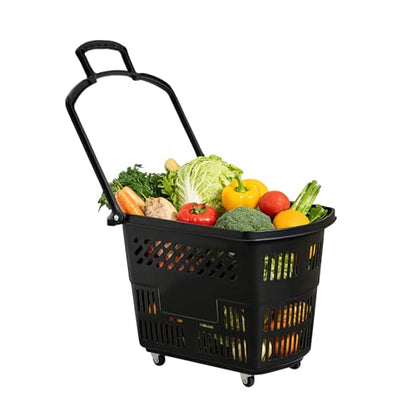 6PCS 35L Shopping Carts with Wheels and Handle, Heavy Duty Plastic Rolling Shopping Basket with Foldable Handle 4 Wheels, Portable Shopping Basket Set for Supermarkets Retail Stores (Black)