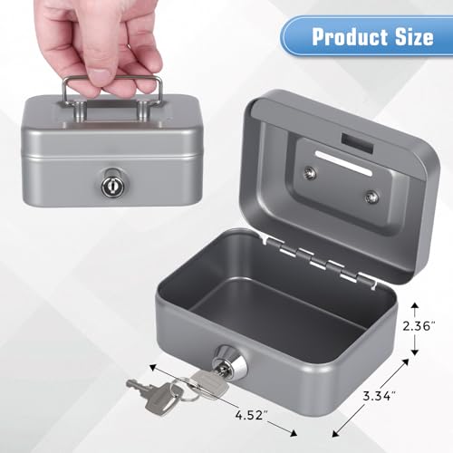 Cash Box with Lock Small Cute Coin Lock Box with Money Slot Mini Portable Gamble Safe Box 4.5"x3.4"x2.4" Grey - color: Grey-Mini