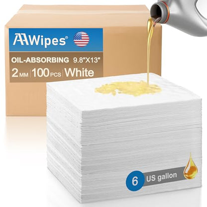 AAwipes Oil Absorbent Pads 9.8" X 13" 100 Packs Garage Accessories Oil Spill Control Oil Absorbing Sheets for Garage, Car, Truck, Motorcycle White OW1013-100 - size: 1 Count (Pack of 100)