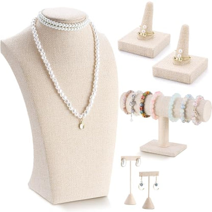 Kigley 6 Pcs Jewelry Display Set Necklace Bust T Bar Bracelet Holder Linen - color: Linen