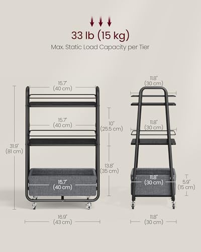 VASAGLE Storage Cart with Fabric Basket, 3-Tier Rolling Utility Cart - color: Ebony Black + Slate Gray, style: 16.9"D x 11.8"W x 31.9"H