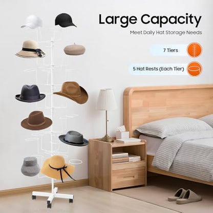 7-Tier Rotating Iron Hat Display Rack, 35 Hats Capacity 11.02LBS Load 4 Universal Wheels Independent Tier Rotation Freestanding Hat Rak Tree Metal Wig Rack for Home Retail Clothing Store (White) - color: White