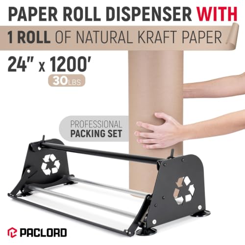 24" Paper Dispenser with Cutter + 30 lb Natural Brown Kraft Paper Roll - color: 1 Roll + Dispenser, size: 24" x 1200' 30 Lb