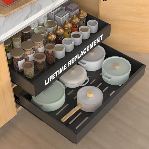 ANTOWIN 2-Pack Expandable Pull Out Cabinet Organizer 21"Deep(12.2"-20.5"W), 3 Full Extension Glides Slide Out Drawers, Roll Out Shelves Adhesive Raising Pad,Compatible Framed Cabinets,90lb Cap,Black - size: 21"D x 12.2"-20.5"W(2Pack) Black