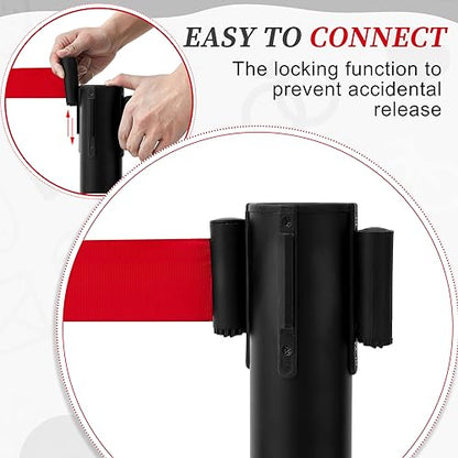 Therwen 6 Pack Heavy Duty Crowd Control Stanchions 9.8 ft Stainless Steel Stanchion Set with Safety Barrier Post Retractable Belt and Sign Holder Crowd Control Barrier(Red Belt, Black) - color: Black, size: Red Belt