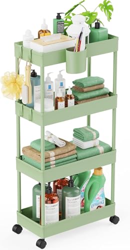 LEHOM Slim Rolling Storage Cart - 4 Tiers Bathroom Organizer Utility Cart - color: Light Bean Green