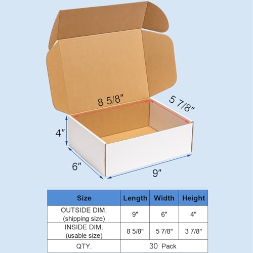 Wowxyz Shipping Boxes 9x6x4" 30 Pack White Corrugated Cardboard Mailing Box - size: 9x6x4"