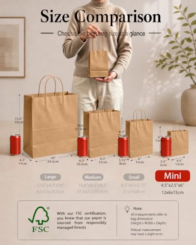 qiqee 26-Packs Brown Gift Bags with Handles Bulk 8.3"x3"x 6" Small Size Kraft Paper Bags Multiple Uses (Small Size) - size: Small - 26 Packs