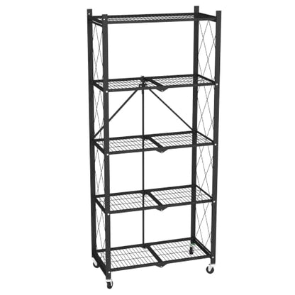 black leopard 5-Tier Foldable Metal Storage Shelf with Wheels, Black - color: Black, size: 5-Tier