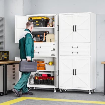 Letaya Metal Garage Storage Cabinets with Wheels,White Rolling Tool Cabinet - color: White, size: 16” D x 31.5” W x 73” H