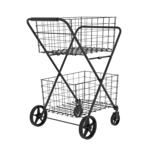 Extra Jumbo Foldable Shopping Cart with 2 Removable Baskets and Waterproof Liner, Heavy Duty Utility Grocery cart on Wheels, Rolling 2-Tier Laundry cart with 360° Swivel Front Wheels (2-Tire) (Black) - color: Black