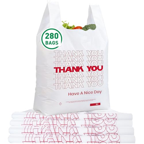 Soeos Thank You Plastic Bags, 280 Count, 11.5" x 6.5" x 21", White Shopping Bag with Handles for Grocery, Convenient Store, Restuarant (Made in USA) - size: 280 Count (Pack of 1)