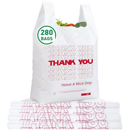 Soeos Thank You Plastic Bags, 280 Count, 11.5" x 6.5" x 21", White Shopping Bag with Handles for Grocery, Convenient Store, Restuarant (Made in USA) - size: 280 Count (Pack of 1)