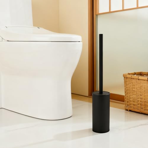 Toilet Brush and Holder Set, NEWRAIN 304 Stainless Steel Toilet Brush with Long Brush Handle, Matte Black Toilet Scrubber and Covered Holder, Round Design Sturdy and Space Saving, Covered Brush - color: Matte Black