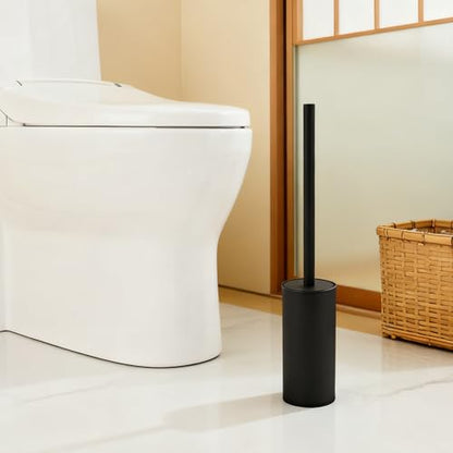 Toilet Brush and Holder Set, NEWRAIN 304 Stainless Steel Toilet Brush with Long Brush Handle, Matte Black Toilet Scrubber and Covered Holder, Round Design Sturdy and Space Saving, Covered Brush - color: Matte Black