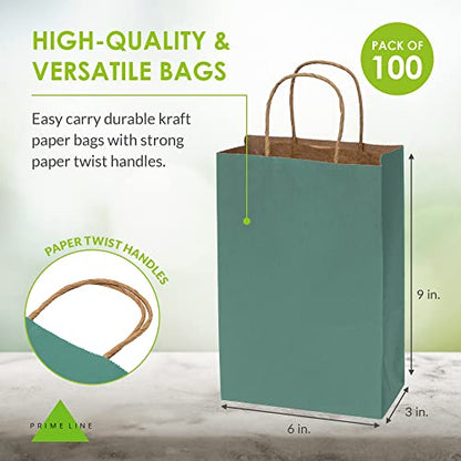 Prime Line Packaging Green Paper Bags, 6x3x9 Inch, Mini Kraft Bags,100 Pack