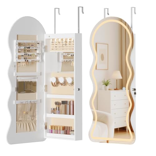 HOOBRO LED Mirror Jewelry Cabinet, Wall/Door Mounted Jewelry Organizer - color: White