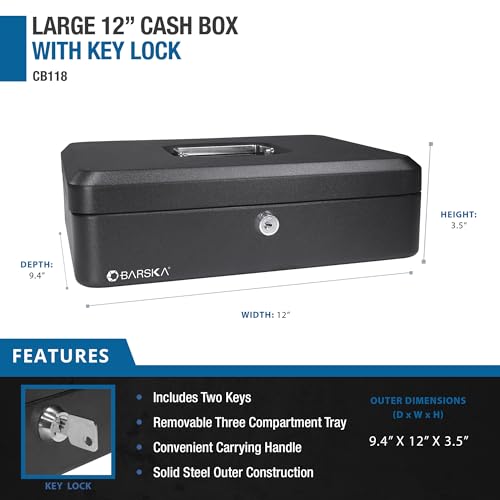 BARSKA 12-Inch Cash Box with Key Lock , Black - size: 12 Inch, style: Key Lock