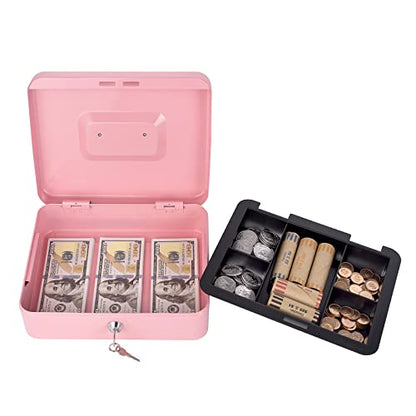 Cash Box with Money Tray and Lock, Metal Money Box for Cash Black + Pink