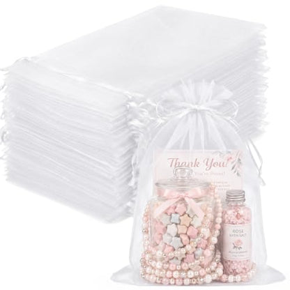 FUNFERY 100Pcs White Organza Bags 5x7 in,Small Mesh Drawstring Gift Bag - color: Classic White