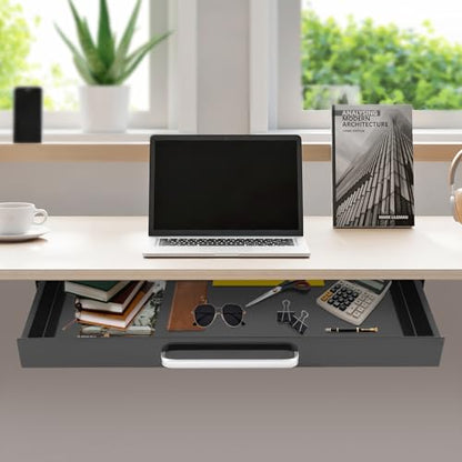 Under Desk Drawer, Mounted Sliding Pull-out Drawer, Pull-out Storage Organizer with Compartment, Pull-out Drawer with Lock, Standing Desk Drawer Attachment, for Store Items, 21.5*10.2*2.1in (Black)