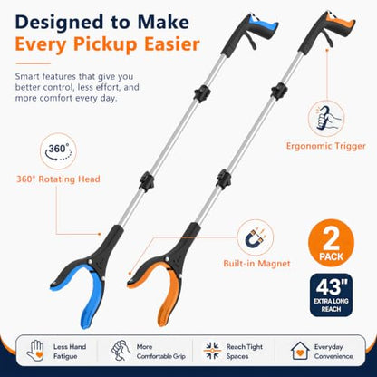 43 Inch Long Grabber Reacher Tool, 2 Pack Foldable for Seniors - size: Foldable 43" (2-Pack)
