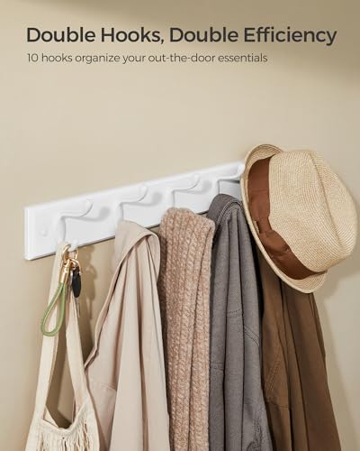 SONGMICS Wall-Mounted Coat Rack, 5 Dual Metal Hooks - color: White, size: 1 Pack-5 Hooks, style: Without Shelf