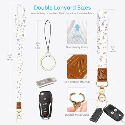 2-in-1 ID Badge Holder & Lanyard Wallet，Cute Zippered Pouch White Flowers 2 - color: White Flowers 2