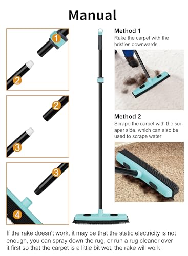 Rubber Broom Carpet Rake for Pet Hair Removal, Fur Remover Broom with 59" Telescoping Long Handle, Pet Hair Broom with Squeegee for Carpet, Hardwood Floor, Tile - color: Elegant Blue Rubber Broom