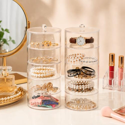 ZENFUN 5 Layers Acrylic Belt Organizer, Stackable Belt Storage Box Clear Display Case Vanity Organizer for Watch, Hair Accessories, Jewelry, Closet and Drawer, 2.6" H x 5.5" Dia