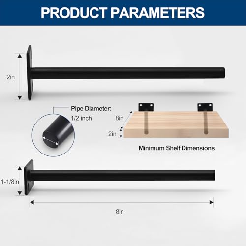 4 Pcs 8" Black Solid Steel Floating Shelf Bracket Blind Shelf Supports - Hidden Brackets for Floating Wood Shelves - Concealed Blind Shelf Support – Screws and Wall Plugs Included - size: 8 Inch, style: 4 Pack-Solid