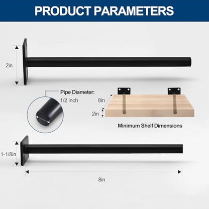 8 Pcs 8" Black Solid Steel Floating Shelf Bracket Blind Shelf Supports - Hidden Brackets for Floating Wood Shelves - Concealed Blind Shelf Support – Screws and Wall Plugs Included - size: 8 Inch, style: 8 Pack-Solid