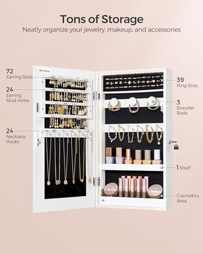 SONGMICS Lockable Jewelry Cabinet Armoire with Mirror, Wall-Mounted - color: White, style: Simple LED