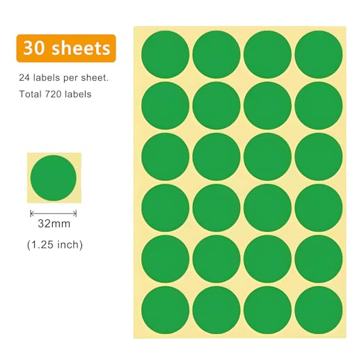 720 PCS Green Dot Stickers 1-1/4 Inch Round Color Coding Labels 1.25" Circle Sticky Dots 32 mm Blank Circular Price Label Sticker Sheets for Spice Seal Inventory Office Classroom Must Haves - color: Green