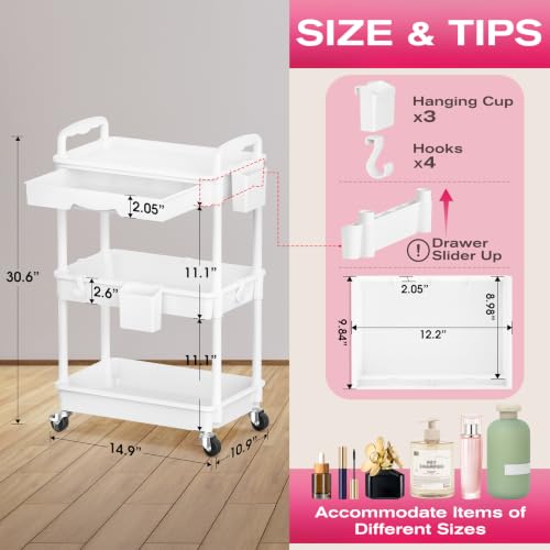 Goovilla Rolling Makeup Organizer Cart with Removable Drawer, 3 Tier White - color: White, size: 3 Tier