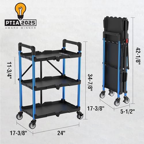 WORKPRO 3-Tier Collapsible Utility Cart, 210 LBS Cart with Wheels - color: Black/Glossy Blue