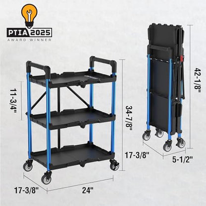 WORKPRO 3-Tier Collapsible Utility Cart, 210 LBS Cart with Wheels - color: Black/Glossy Blue