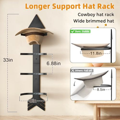 Cowboy Hat Holder for Wall, Wood Arrow Design, Hold 4 Wide-Brim Hats, Black - color: Black