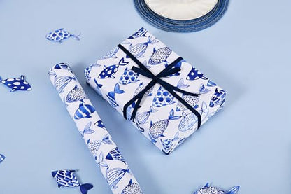 Sikiweiter Blue Fish Wrapping Paper - 17" x 33 Feet - Watercolor Marine Ocean Sea Life Print Gift Wrap - color: Blue Fish