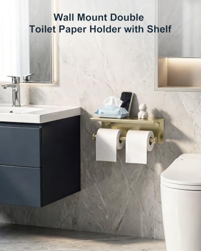 Double Toilet Paper Holder with Shelf Brushed Gold Large Tissue Roll Holder - color: Brushed Gold