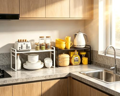 Expandable Cabinet Shelf Organizer Riser for Kitchen Under Sink Countertop - color: White