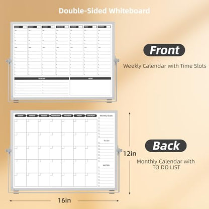 Planning Boards,White Board Dry Erase Calendar with Stand,Double-Sided Weekly Calendar Schedule Board with Time Slots&Monthly Planner with to DO List for Desk and Wall 16"×12"(1 Pack) - size: 16"×12"