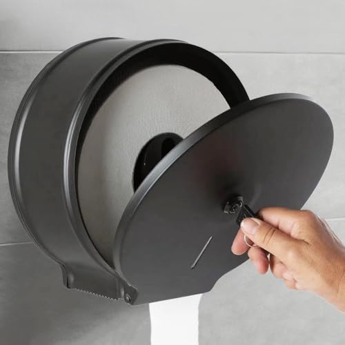 Commercial Jumbo Toilet Paper Dispenser, Black Stainless Steel Large Roll Bathroom Tissue Holder Wall Mount, 9” Diameter Lockable Dispenser with Key for Business Restrooms - color: Black