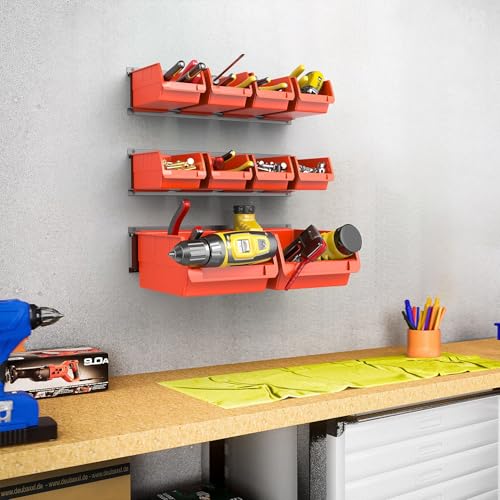 WALMANN Wall Mount Storage Bins for Small Parts, 10 Bins with 3 Metal Rails - color: Orange-red